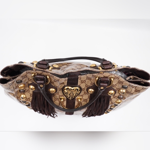 CE16 💖 GUCCI GG Crystal Canvas Babouska Heart Stud Fringe Tote Bag - Picture 5 of 13